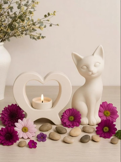 Kedi ve Kalp Şeklinde Biblo – El Yapımı Dekoratif Obje
