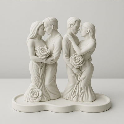 El Yapımı Çiçekli Çift Biblo ve Dekoratif Tepsi Seti (6 x 9 cm)